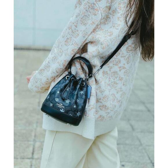 Coach CE587 Dempsey Drawstring Bucket Bag 15 With Snowflake Print Silver/Graphit - Picture 8 of 9